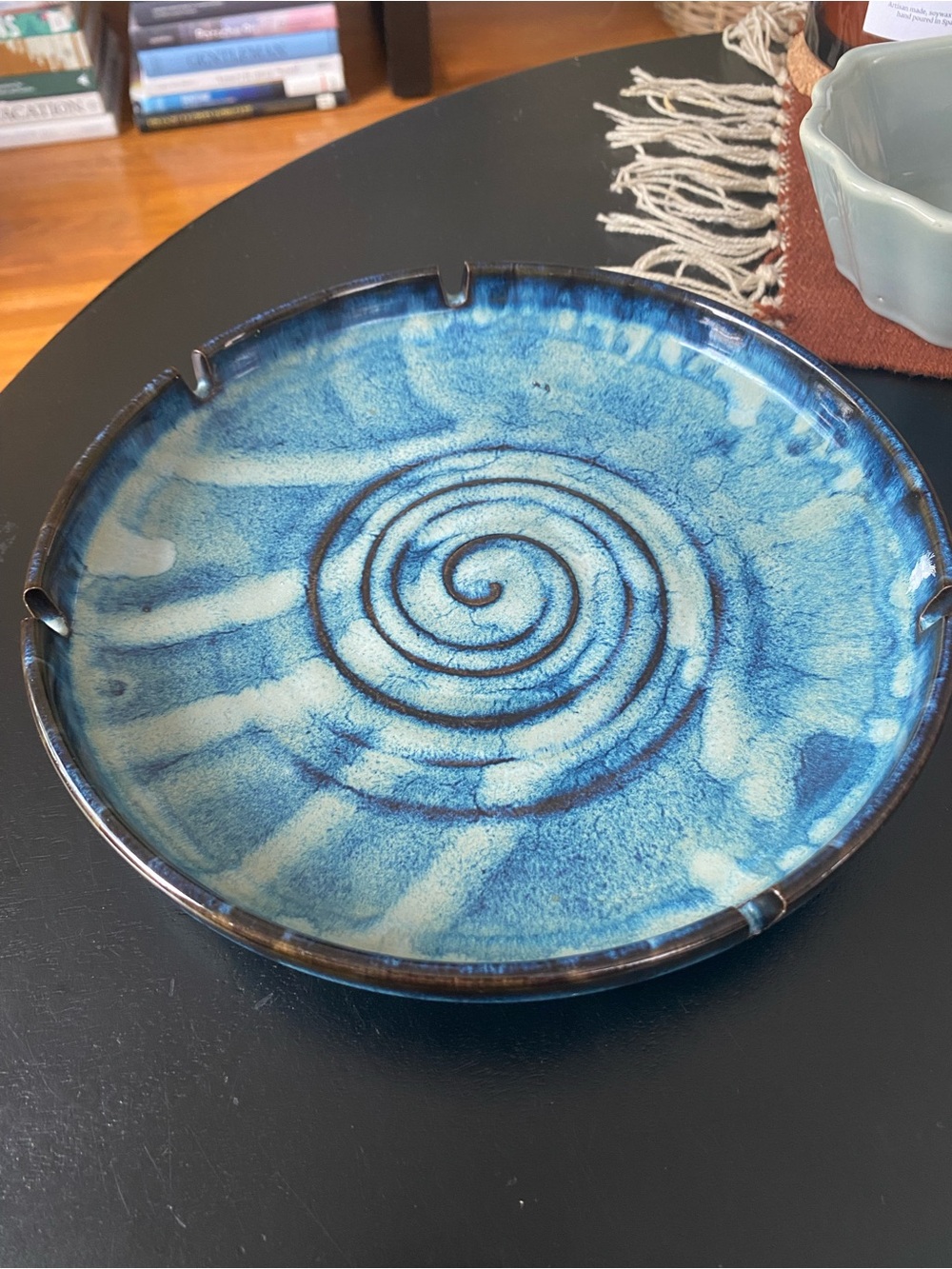 Vintage Handmade Blue Spiral Ceramic Decorative Plate